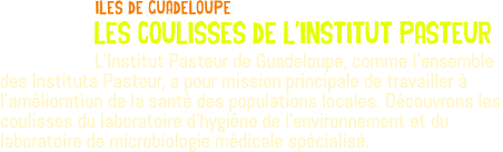 ﷯iles de guadeloupe les coulisses de l'institut pasteur L’Institut Pasteur de Guadeloupe, comme l’ensemble des Instituts Pasteur, a pour mission principale de travailler à l’amélioration de la santé des populations locales. Découvrons les coulisses du laboratoire d’hygiène de l’environnement et du laboratoire de microbiologie médicale spécialisé.