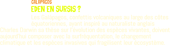 ﷯GALaPAGOS EDEN EN SURSIS ? Les Galápagos, confettis volcaniques au large des côtes équatoriennes, ayant inspiré au naturaliste anglais Charles Darwin sa thèse sur l'évolution des espèces vivantes, doivent aujourd’hui composer avec la surfréquentation, le changement climatique et les espèces invasives qui fragilisent leur écosystème. 