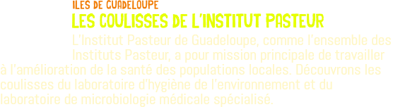 ﷯iles de guadeloupe les coulisses de l'institut pasteur L’Institut Pasteur de Guadeloupe, comme l’ensemble des Instituts Pasteur, a pour mission principale de travailler à l’amélioration de la santé des populations locales. Découvrons les coulisses du laboratoire d’hygiène de l’environnement et du laboratoire de microbiologie médicale spécialisé.